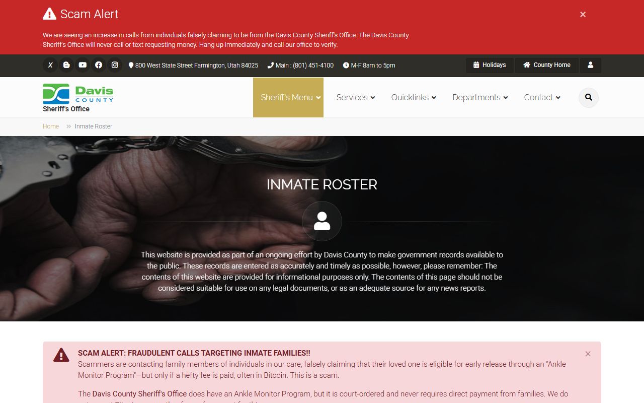 Davis County inmate population roster search page